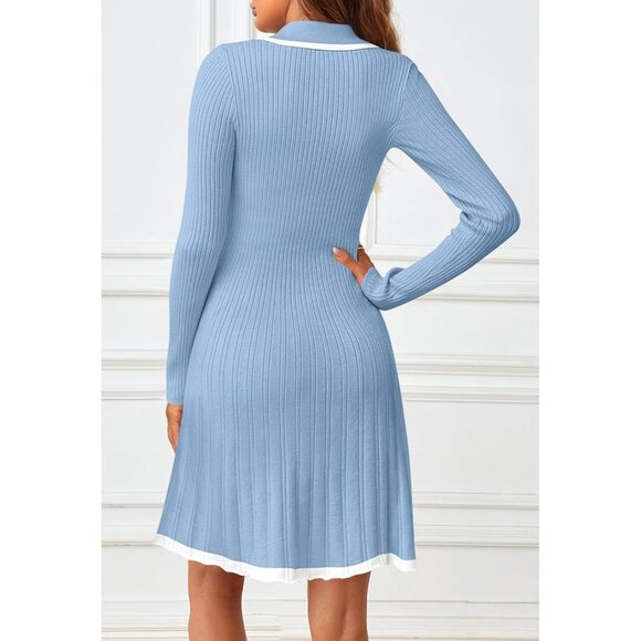 Merokeety Women's Blue Long Sleeve V Neck Button Knit Pleated Sweater Dress - Picture 4 of 7